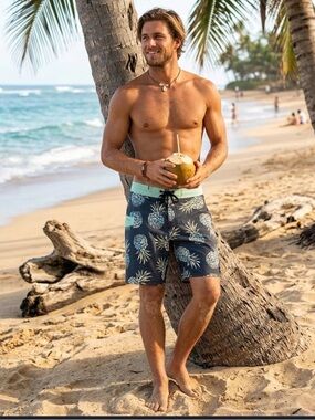 Rip Curl Navy Pineapple Swim Board Shorts with Mint Waistband